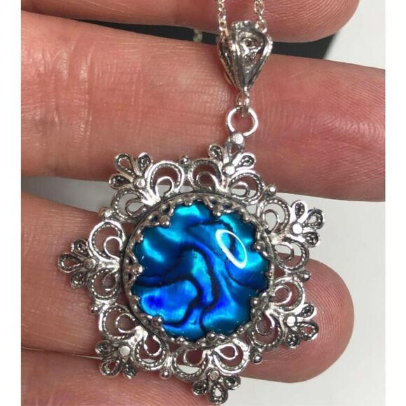 1401 Sterling Silver 925 Abalone filigree Necklace 18” 8g Marked JAJA TURKEY 925 - Picture 2 of 3